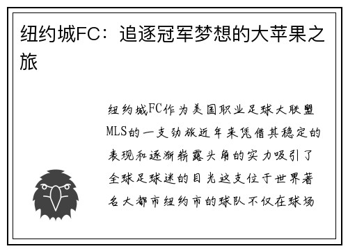 纽约城FC：追逐冠军梦想的大苹果之旅