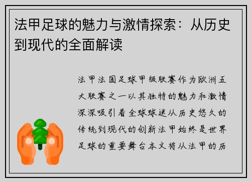 法甲足球的魅力与激情探索：从历史到现代的全面解读